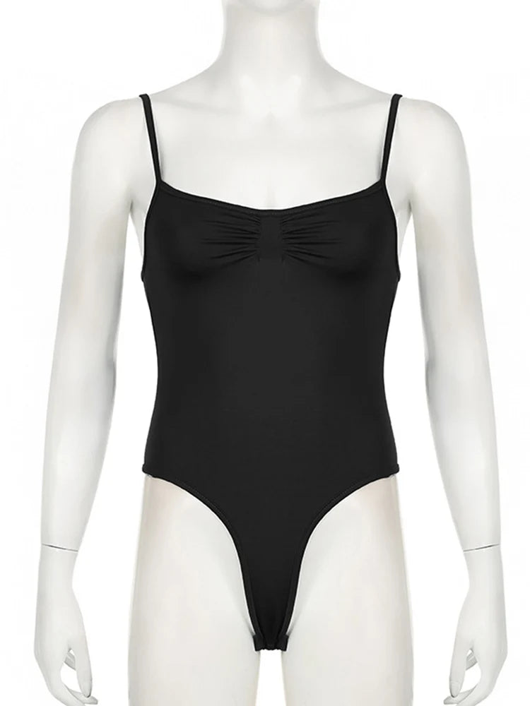 Sleeveless Skinny Spaghetti Strap Black Bodysuit