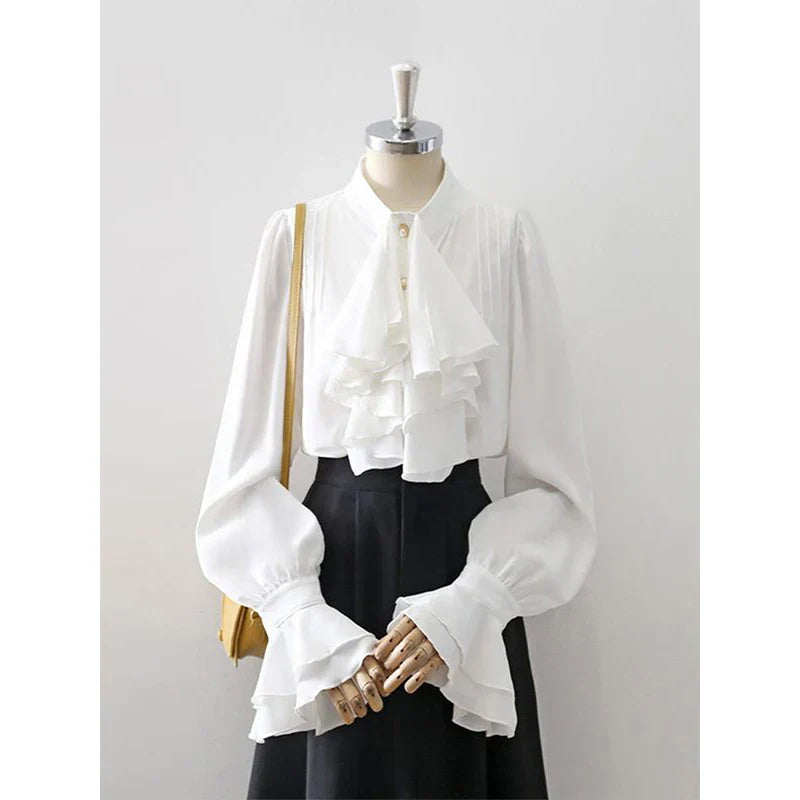 Elegant White Ruffles Flare Sleeve Blouse