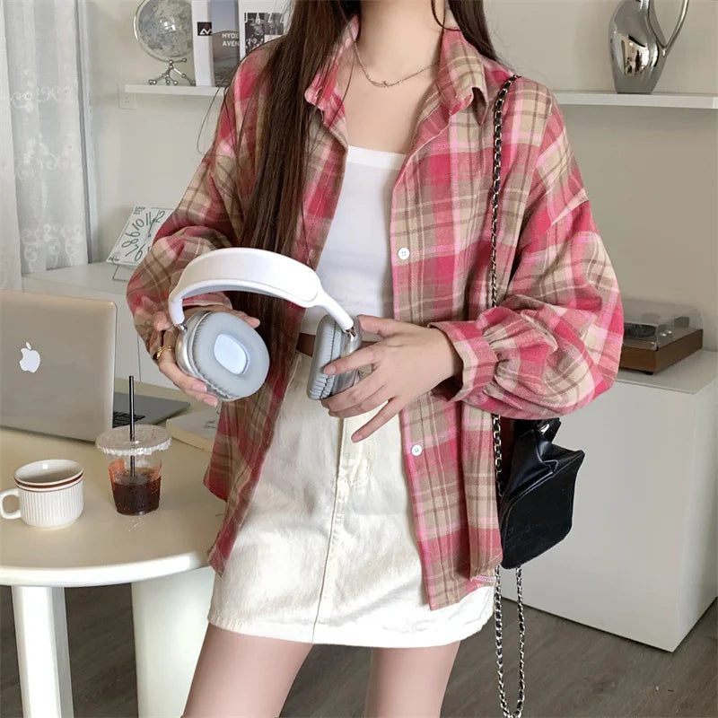 Plaid Oversized Collared Button-Up Dress T-Shirt
