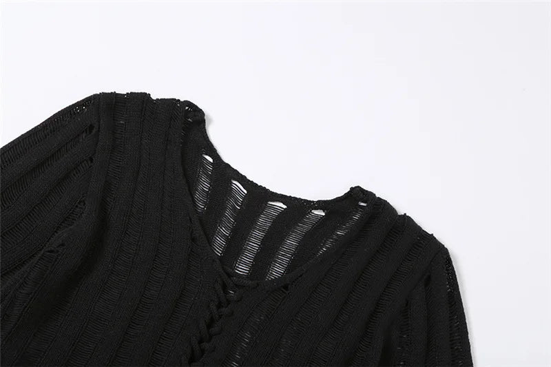 Y2K Black Grunge Sheer Lace Up Knitted Top