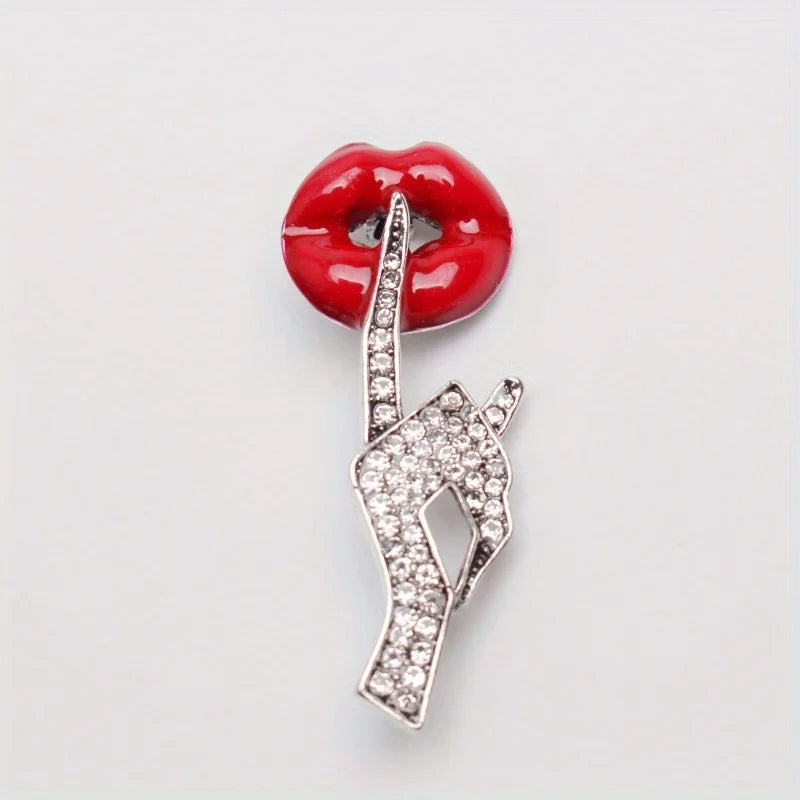 Novel Red Lips with Rhinestones Brooch