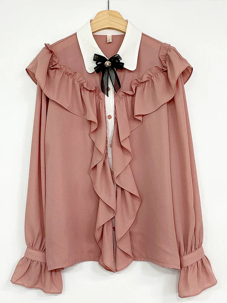 Sweet Bow Ruffle Patchwork Blouse