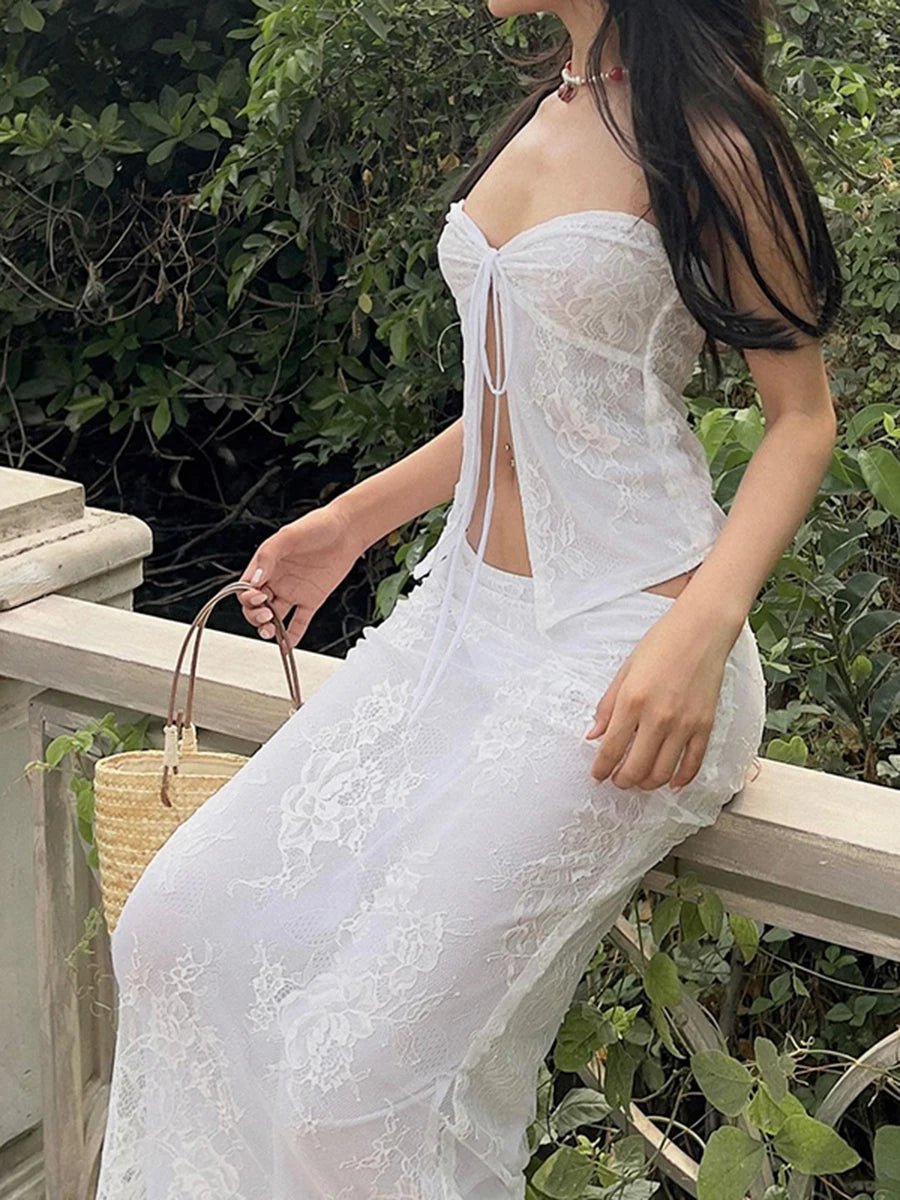 Fairycore Lace Strapless Top & Maxi Skirt Two Piece Set