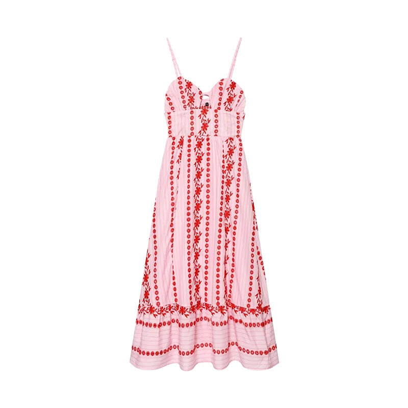 Pink Floral Embroidery Hollow Out Midi Dress
