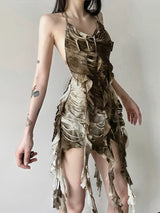 Rusty Grunge Patchwork Tassel Backless Dress