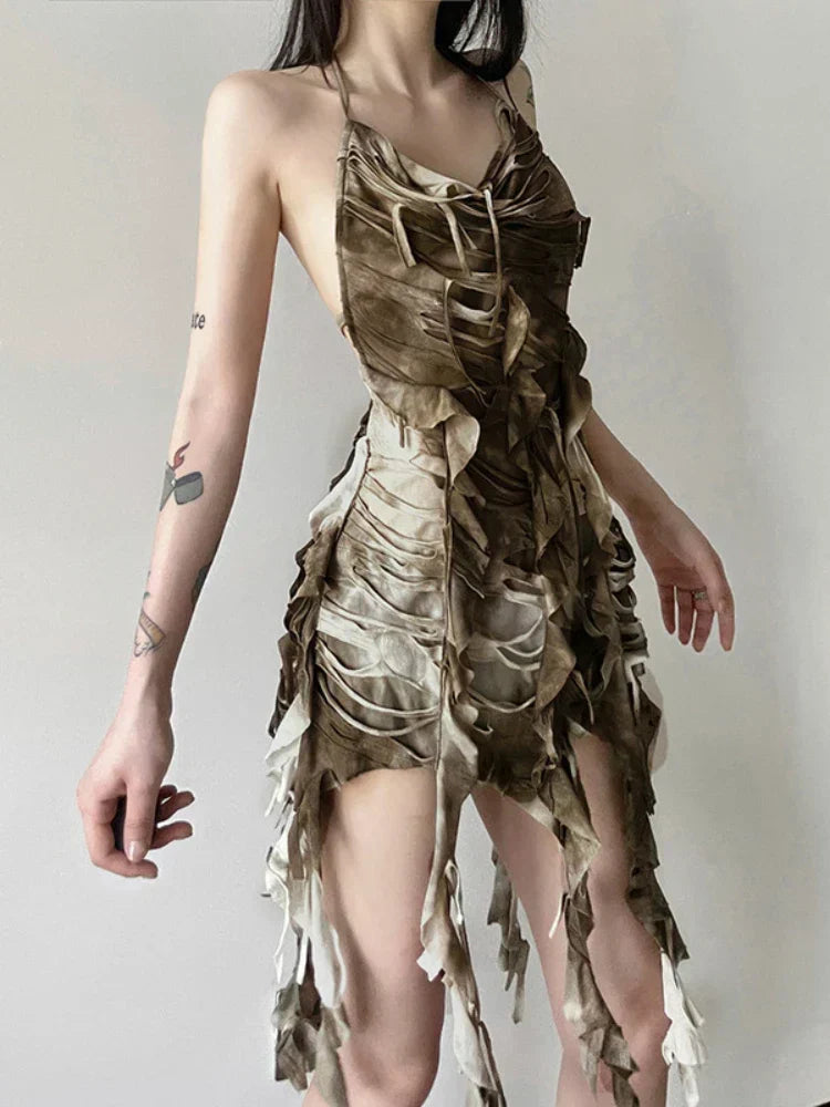 Rusty Grunge Patchwork Tassel Backless Dress