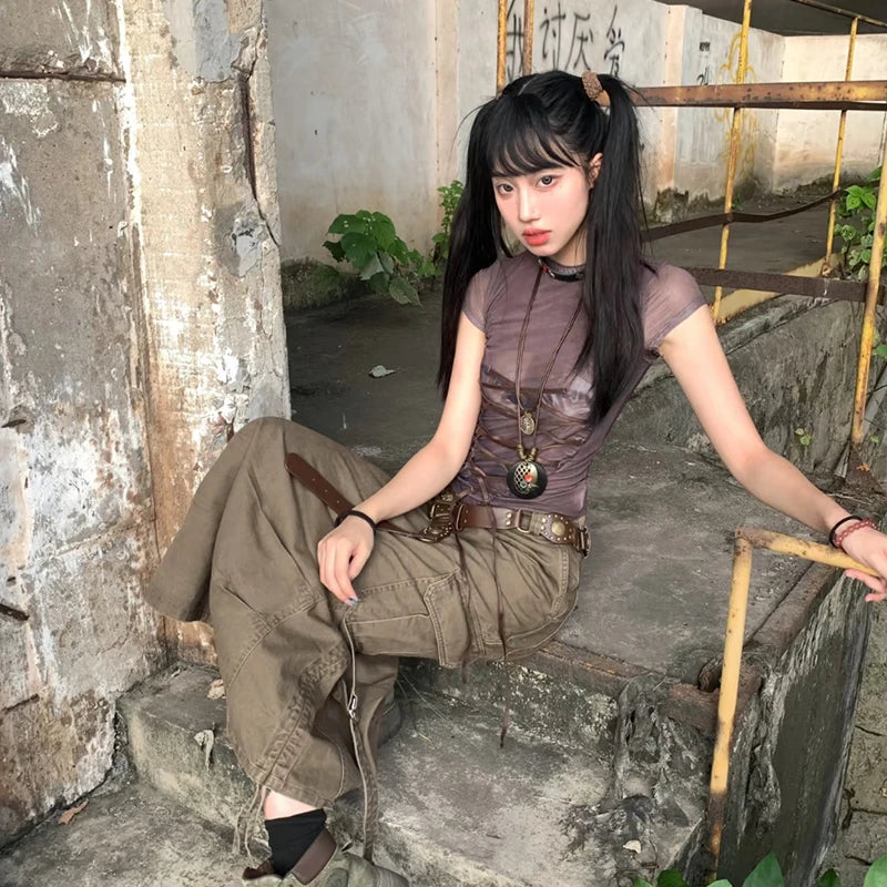 Camiseta con gráfico japonés vintage de encaje estilo Y2K
