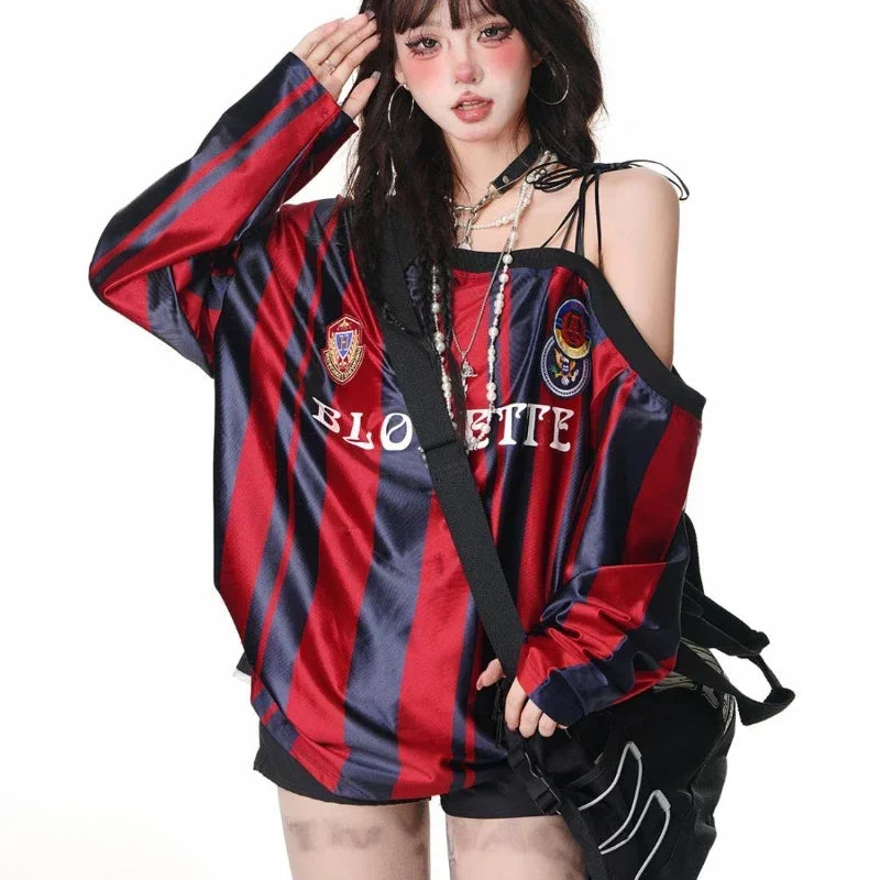 Camiseta vintage de manga larga con hombros descubiertos