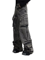 Vintage Grey Pleated Washed Cargo Jeans