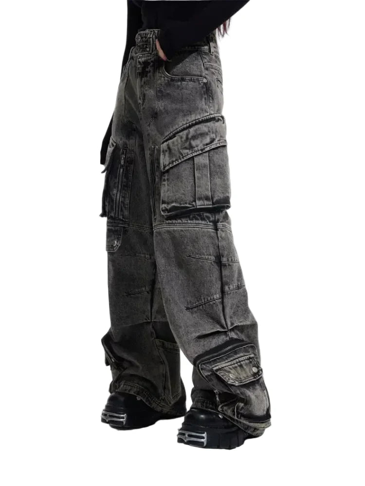 Vintage Grey Pleated Washed Cargo Jeans