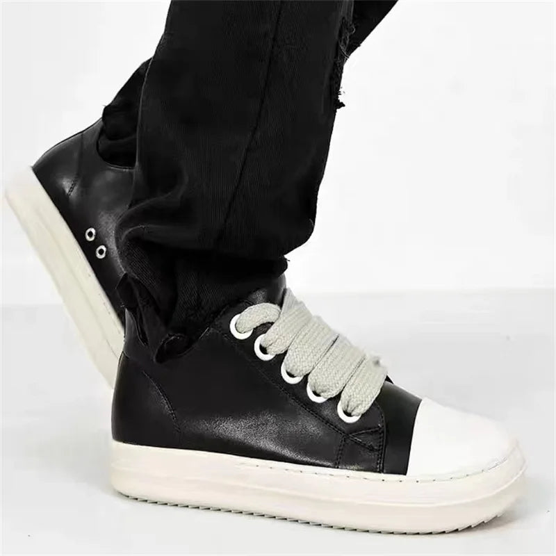 Black Leather Lace Up Casual Thick Bottom Sneakers