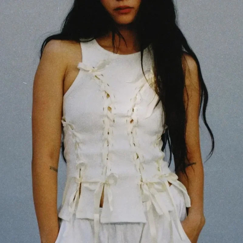 Coquette White Lace-Up Tank Top