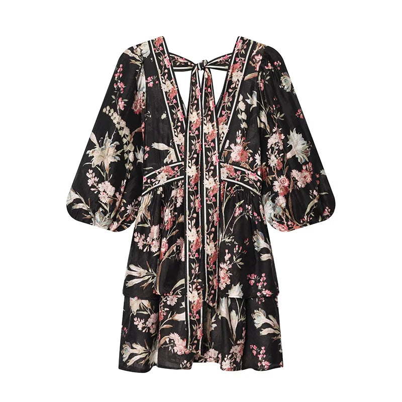 Vintage V Neck Floral Print Short Dress