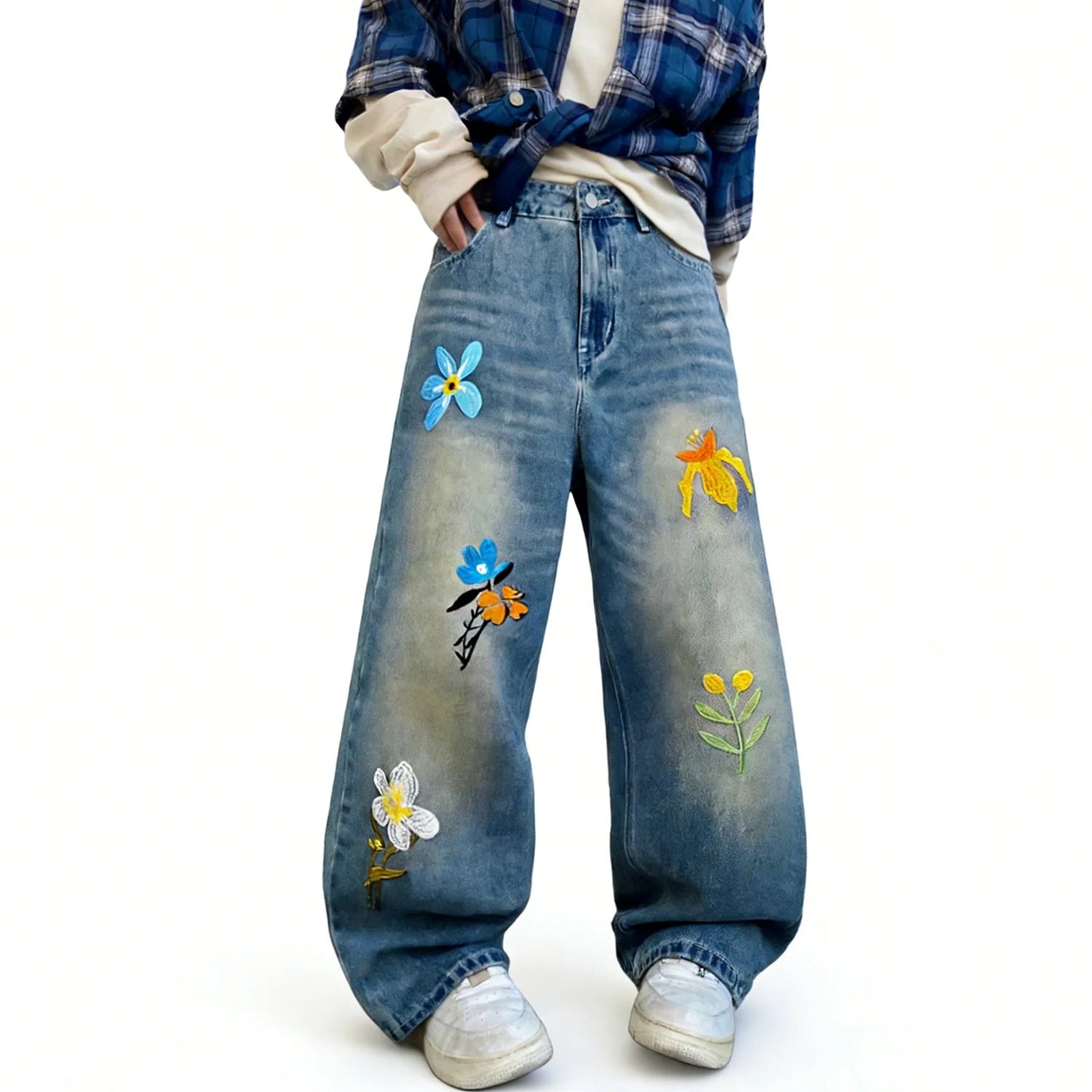 Embroidery Flower Straight Leg Jeans