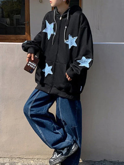 Star Patch Zip-Up Oversized Hoodie