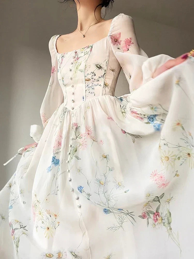 French Floral Chiffon Maxi Dress