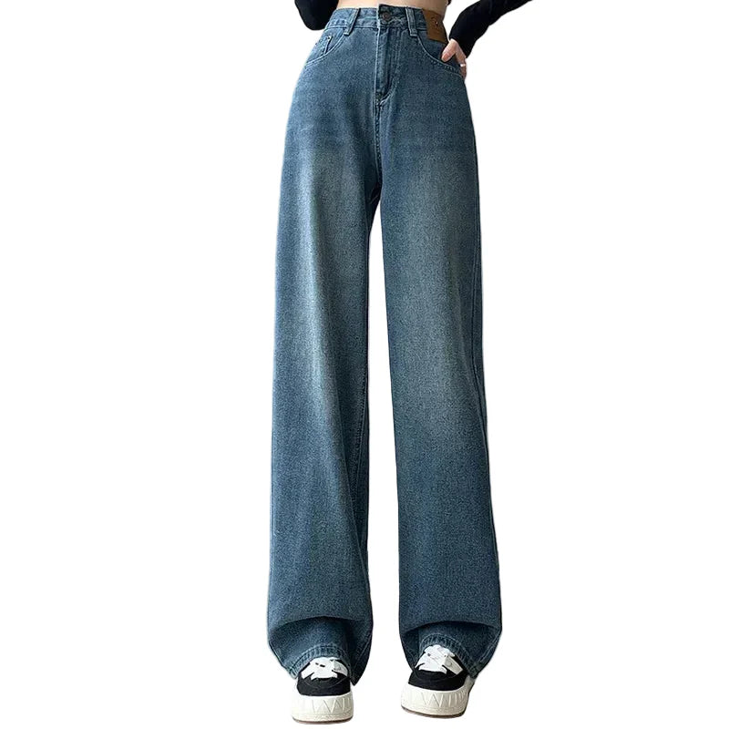 High Waist Vintage Blue Baggy Straight Jeans