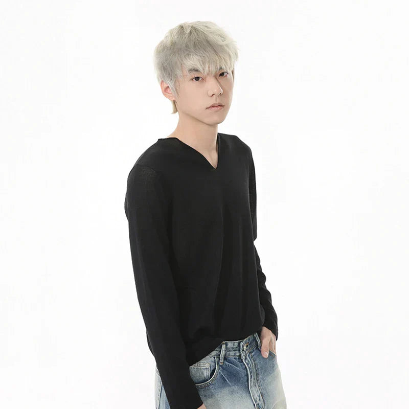 Schlankes, langärmliges V-Neck T-Shirt im koreanischen Stil