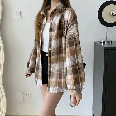 Camisa de cuadros estilo coreano Soft Girl para mujer, de verano