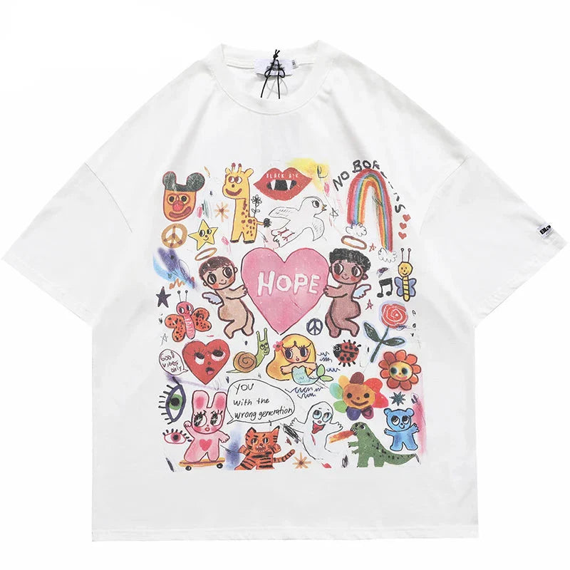 Rainbow Heart Angels Print Oversize T-Shirt