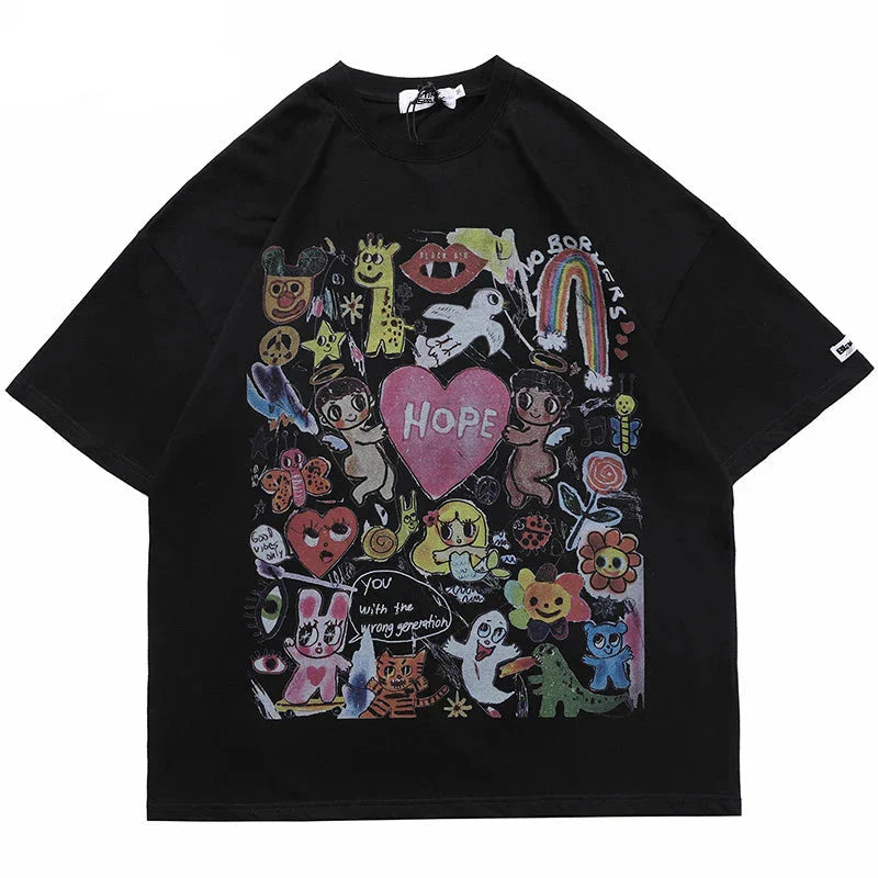 Rainbow Heart Angels Print Oversize T-Shirt