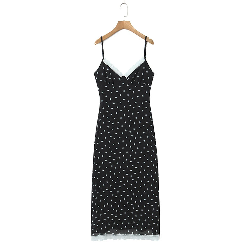Brown & Black Backless Sling Polka Dot Long Dress
