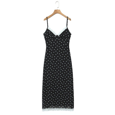 Brown & Black Backless Sling Polka Dot Long Dress