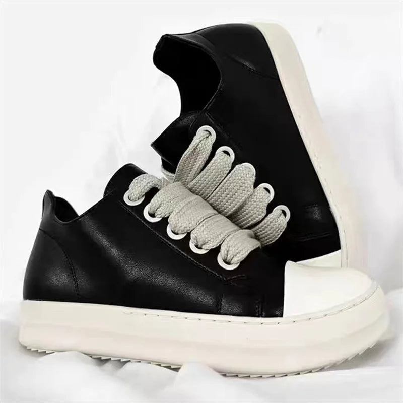 Black Leather Lace Up Casual Thick Bottom Sneakers