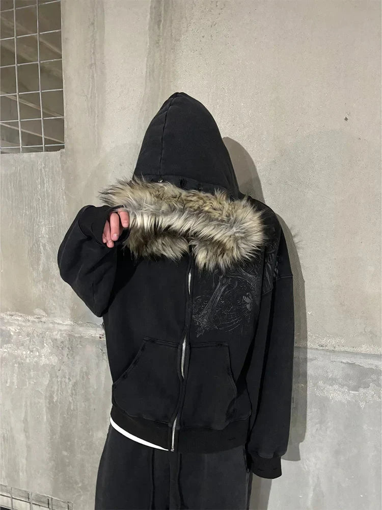 Sudadera con capucha y cuello de piel sintética