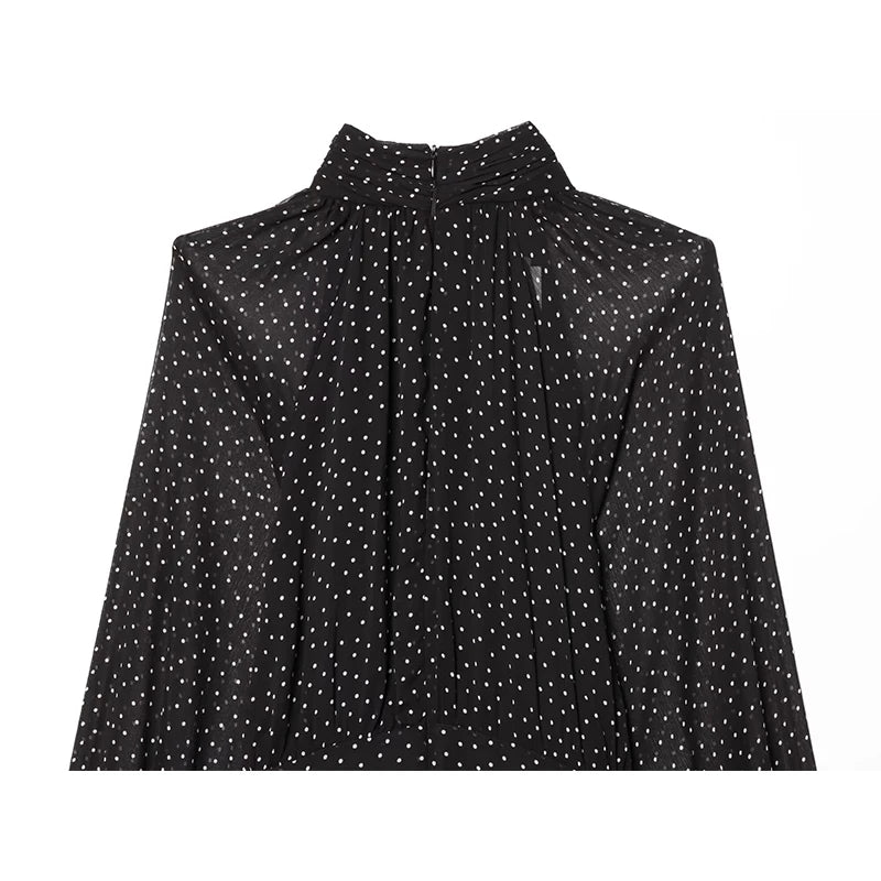 French Style Polka Dot High Neck Pleated Chiffon Dress