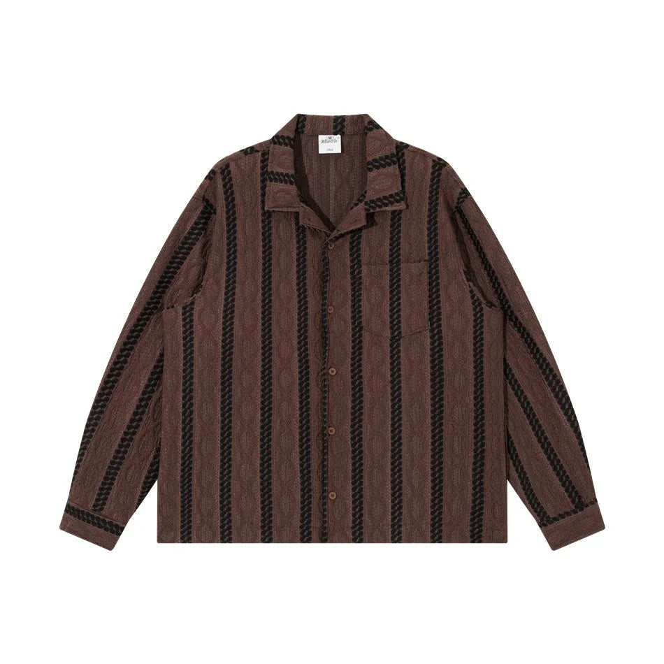 Gestreiftes Jacquard-Langarmhemd mit Kubakragen