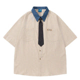 Camisa de verano a cuadros retro con decoración de corbata