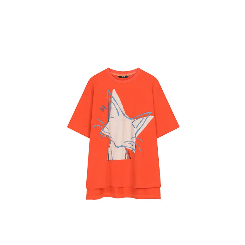 An orange short-sleeve t-shirt with a large graphic print of a stylized fox head in cream and blue on the front, displayed against a solid white background.