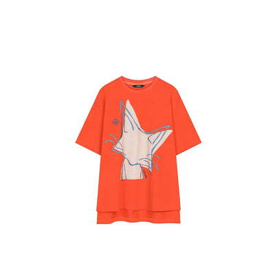 An orange short-sleeve t-shirt with a large graphic print of a stylized fox head in cream and blue on the front, displayed against a solid white background.