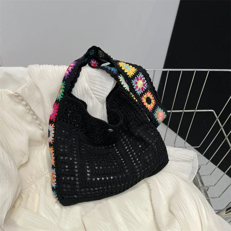 Vintage Boho Tote Bag Floral Crochet Handbag