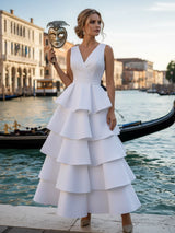 Tiered Layered V-neck White Boho Midi Dress