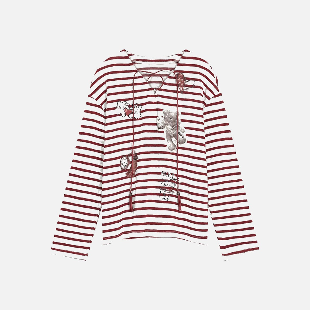 Autumn V-neck Stripped Long Sleeve T-shirt