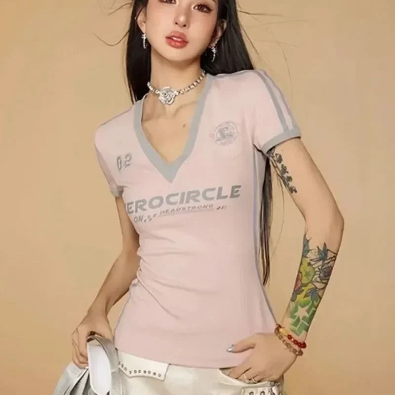 Y2K V Neck Jersey Top