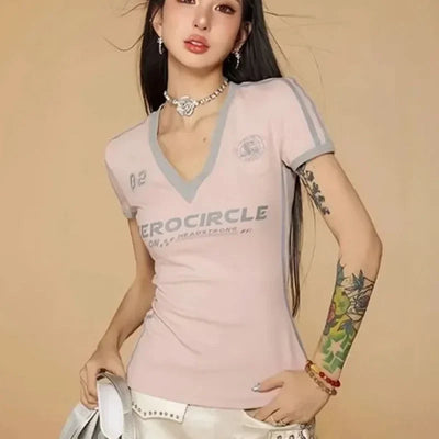 Y2K V Neck Jersey Top