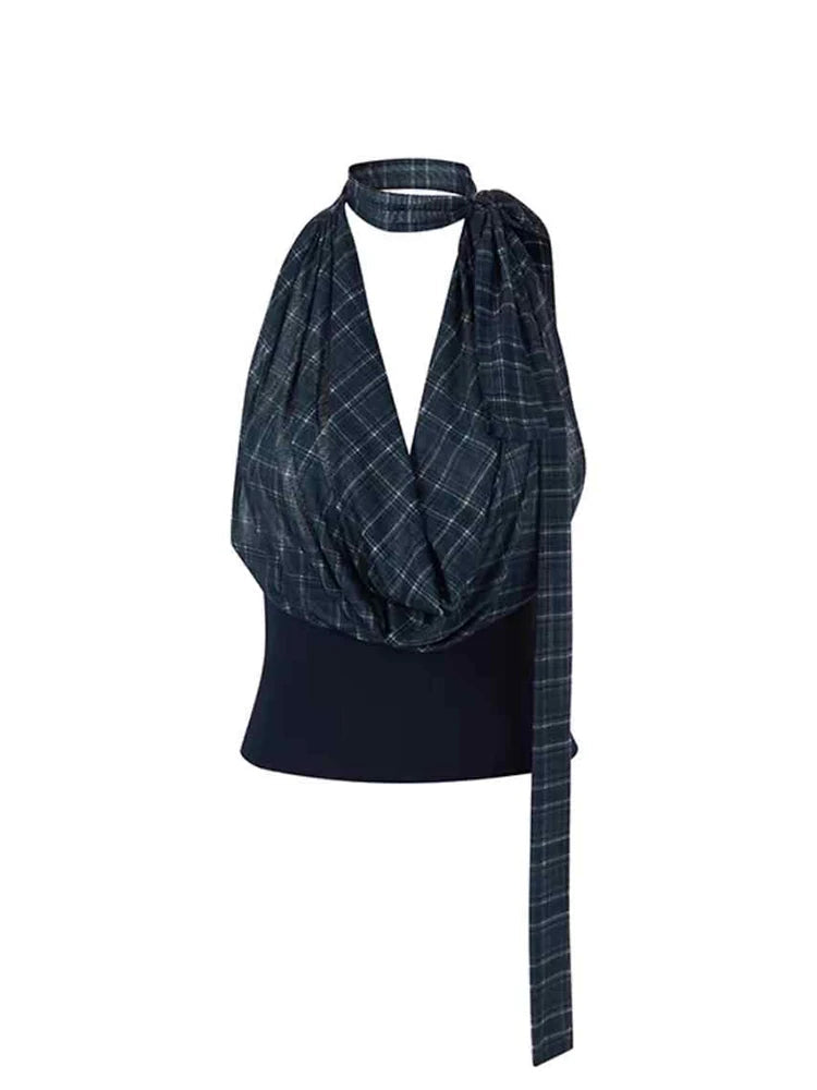 Korean Sleeveless V-neck Plaid Tank Top