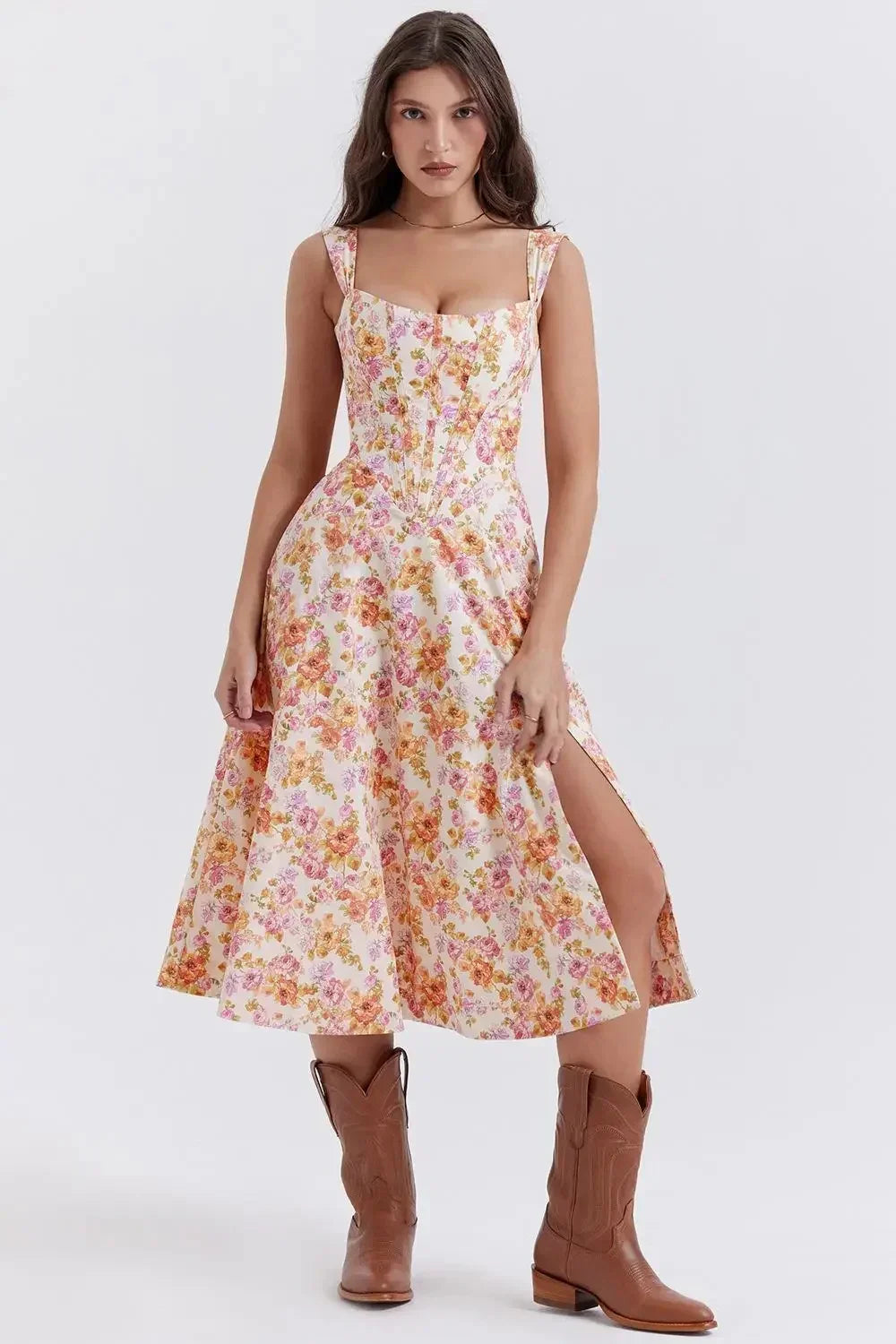 Vintage Floral Pattern Midi Dress