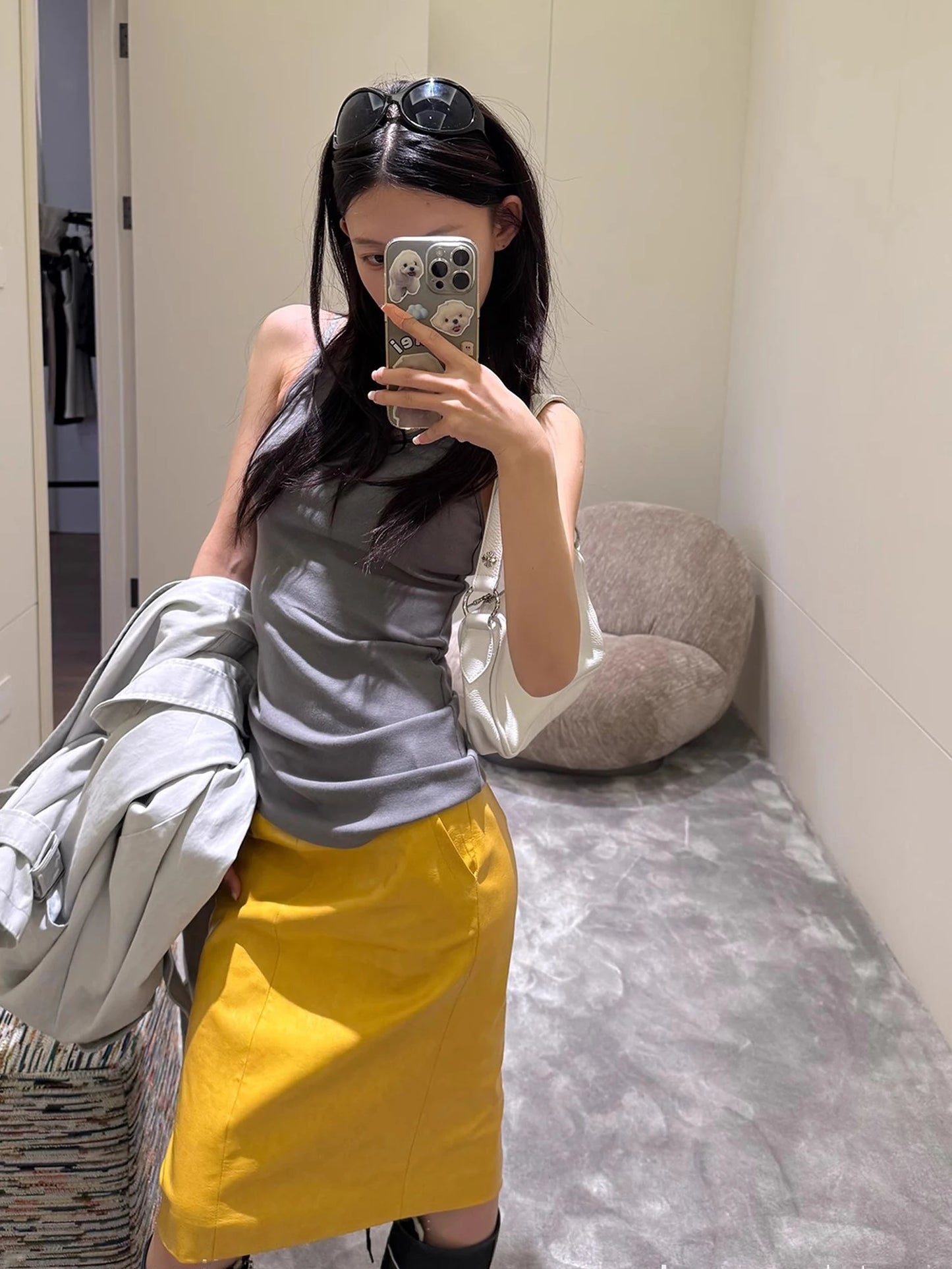 Shiny Reflective Yellow Patent Leather Skirt