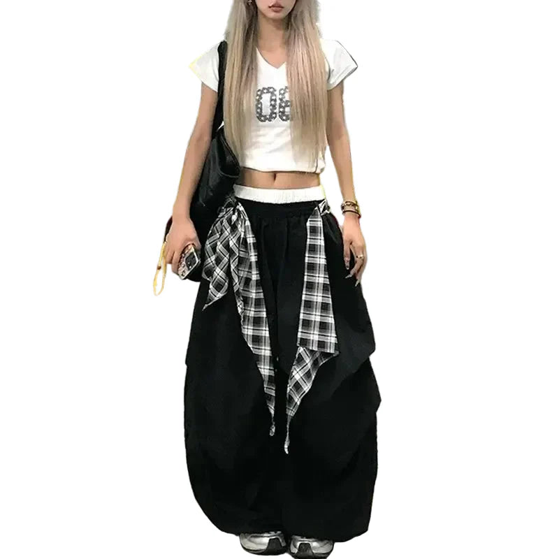 Black Plaid Wide Leg Cargo Pants