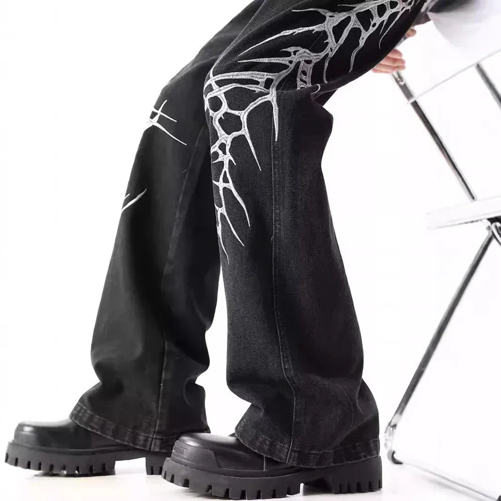 Y2K Jeans mit schwerer Stickerei im geraden Schnitt