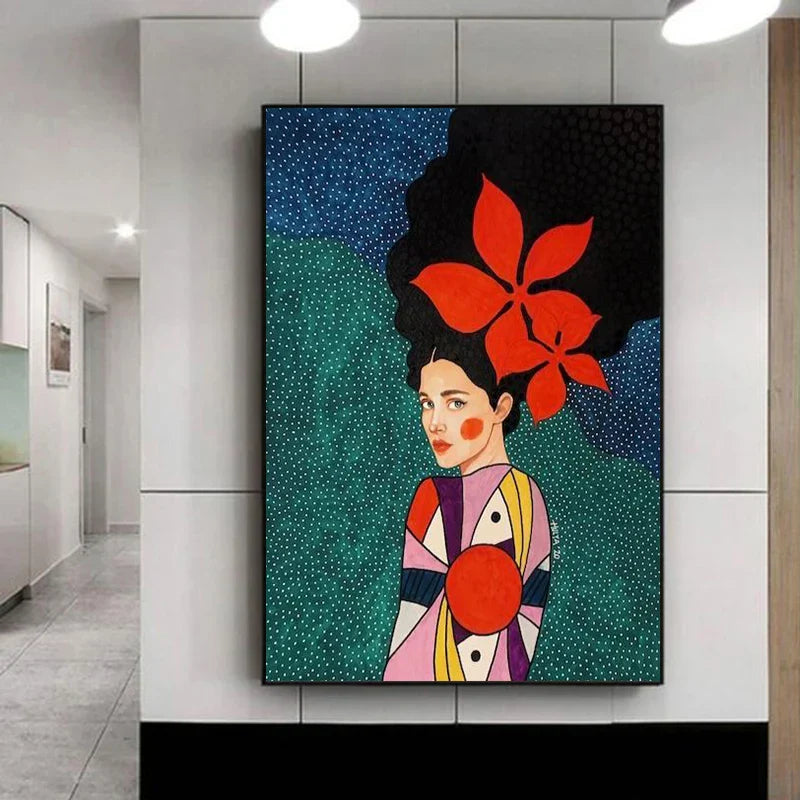 Retro Flowers Girls Hair Paintings Poster
