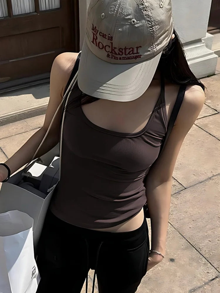 Square Collar Brown Tank Top