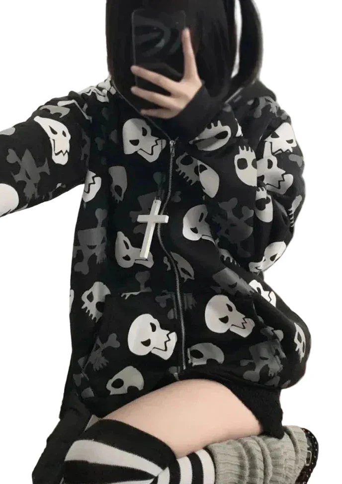 Cyberpunk Skull Print Zip-Up Goth Hoodie