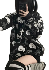 Cyberpunk Skull Print Zip-Up Goth Hoodie