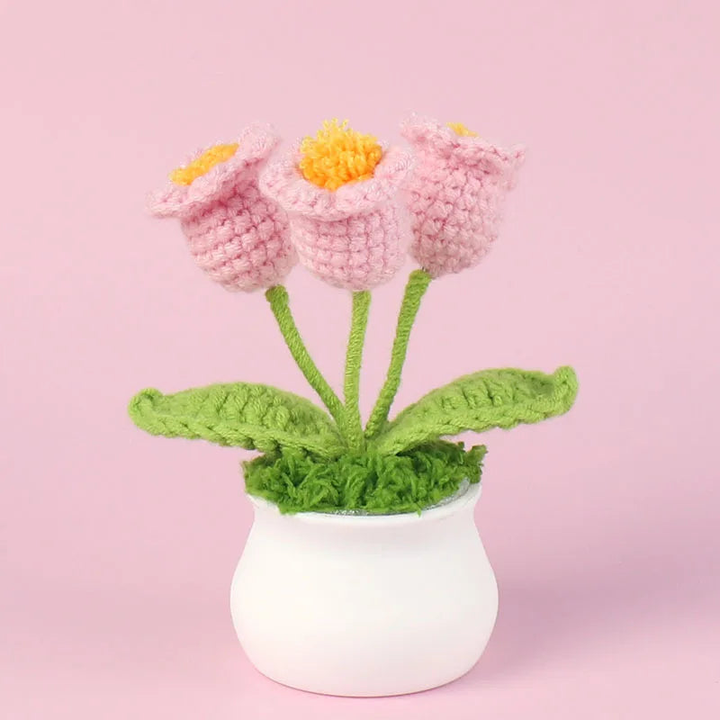 Vintage Handmade Potted Knitted Flowers