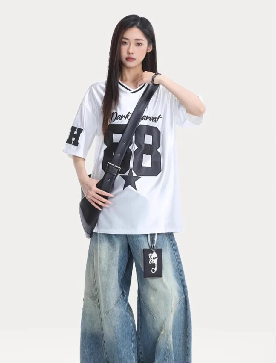 Contrast Paneled Letter Patch Embroidered T-Shirt